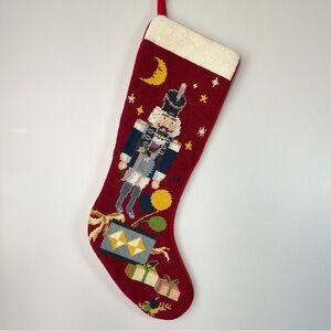 VTG Wool Needlepoint Nutcracker Christmas Stocking Red Velvet Back 20" Handmade